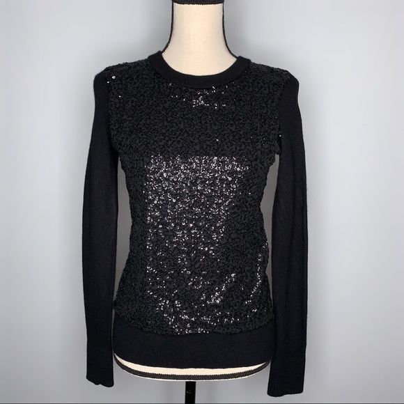 Kate Spade Black Sequin Front Satin Tie Back Sweater Cashmere Sparkle Size XS - Picture 3 of 8